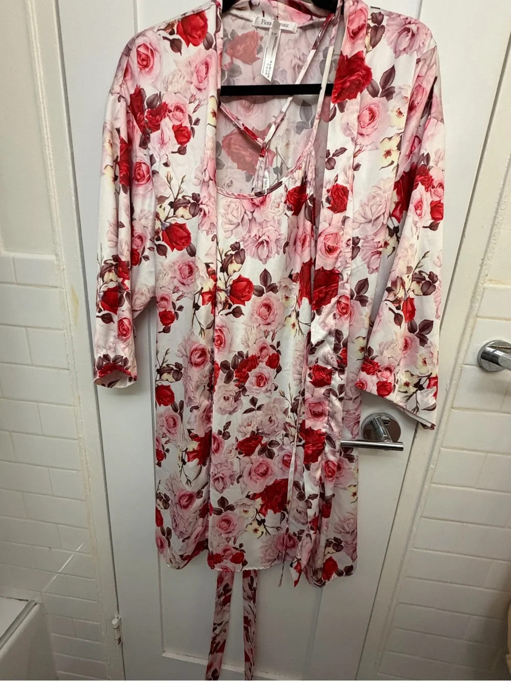 FLORA NIKROOZ Alejandra 2-Piece Satin Floral Chemise Nightgown & Kimono Robe Set